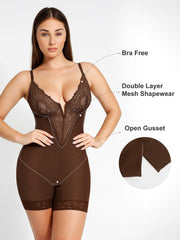 Shapewear Lace Deep-V Neck Bodysuits or Faux Leather Skirts
