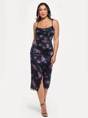 Lace Trim Sculpting Floral-Print Midi Dress