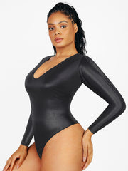 Shapewear Long Sleeve Faux Leather V-Neck Sculpting Bodysuit