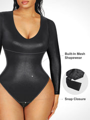 Shapewear Long Sleeve Faux Leather V-Neck Sculpting Bodysuit