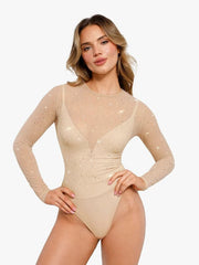 Sequin Cowl Neck Chain Detail Sculpting Bodysuit