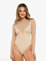 Sequin Cowl Neck Chain Detail Sculpting Bodysuit
