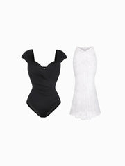 Shapewear Cap Sleeve Bodysuit Lace Fishtail Coverup Skirt Set