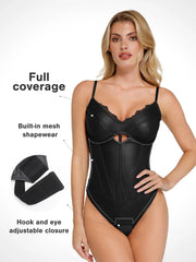 Shapewear Faux Leather Hourglass Cutout Corset Bodysuit