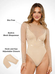 Shapewear Heat-Set Crystal Mesh Long-Sleeve Slimming Bodysuit