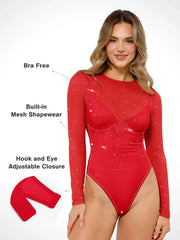 Shapewear Heat-Set Crystal Mesh Long-Sleeve Slimming Bodysuit