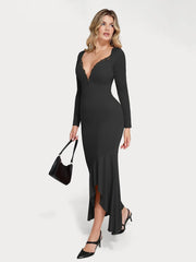 Shapewear Long Sleeve Lace Trim Sculpting Mermaid Maxi Dress