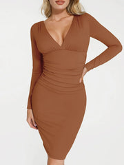 Shapewear Long Sleeve V-Neck Ruched Bodycon Midi Dress