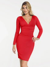 Shapewear Long Sleeve V-Neck Ruched Bodycon Midi Dress
