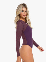 Shapewear Mock Neck Long Sleeve Floral Lace Bodysuit