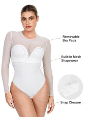 Shapewear Mock Neck Long Sleeve Floral Lace Bodysuit