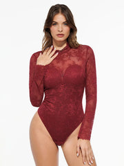 Shapewear Mock Neck Long Sleeve Floral Lace Bodysuit