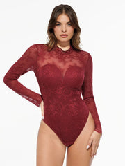 Shapewear Mock Neck Long Sleeve Floral Lace Bodysuit