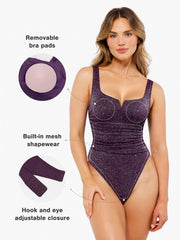 Shapewear Ruched Metallic Knit Square Neck Slimming Bodysuit