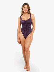 Shapewear Ruched Metallic Knit Square Neck Slimming Bodysuit