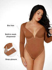 Shapewear Long Sleeve Lace Trim V-Neck Slimming Bodysuit