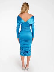 Shapewear Off-Shoulder Ruched Shine Sculpting Midi Dress