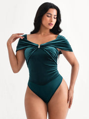Velvet Twist Front Off-The Shoulder Sculpting Bodysuit