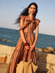 Tencel Blend Women Ruffle Cap Sleeve Maxi Dress With Sash