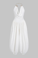 Metallic Draped Cowl Neck Ruched Backless Jumpsuit