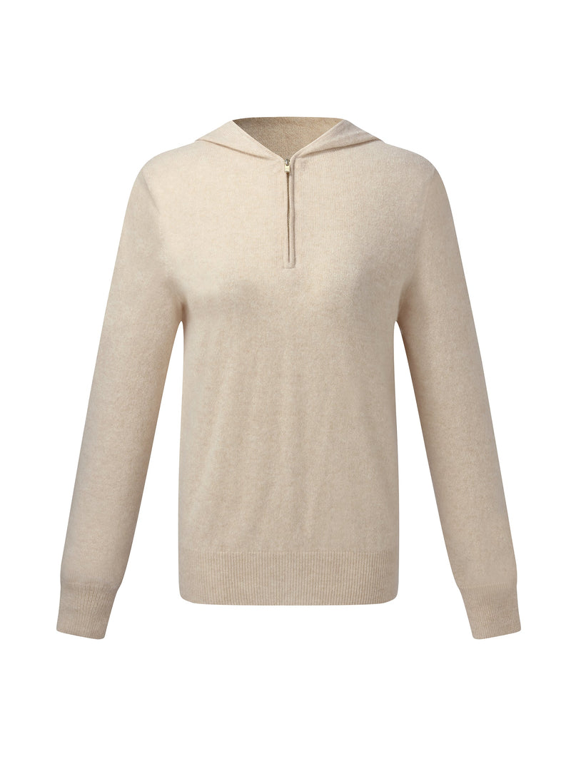 100% Cashmere Half-Zip Women Hooded Sweater