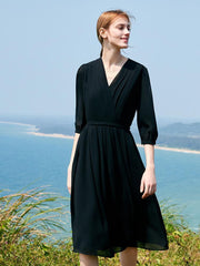 V-Neck Pleated Lace Up Wrap Midi Dress