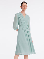 V-Neck Pleated Lace Up Wrap Midi Dress