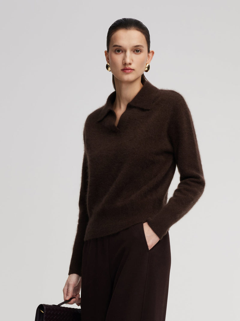 100% Brushed Wool Johnny-Collar Women Sweater