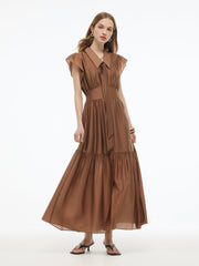 Tencel Blend Women Ruffle Cap Sleeve Maxi Dress With Sash