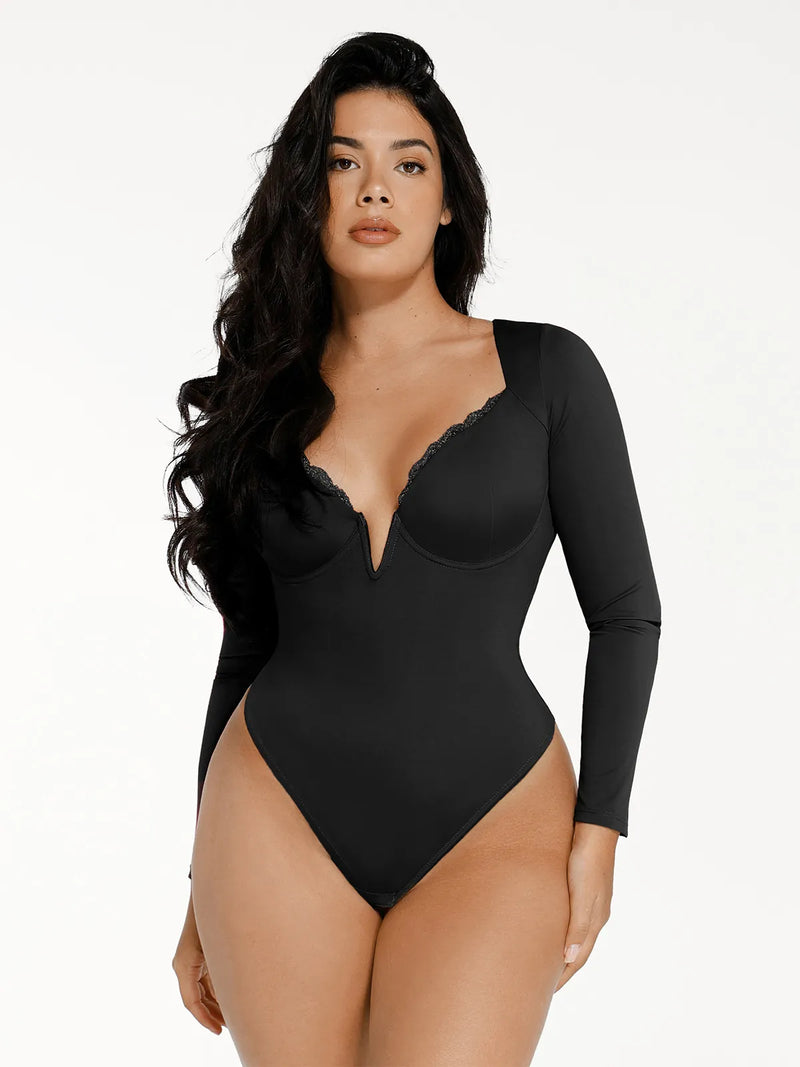 Shapewear Long Sleeve Lace Trim V-Neck Slimming Bodysuit