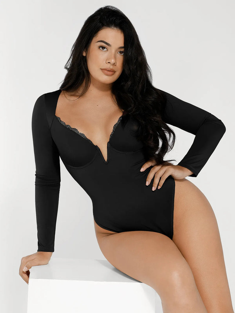 Shapewear Long Sleeve Lace Trim V-Neck Slimming Bodysuit