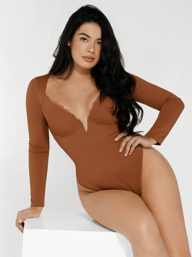 Shapewear Long Sleeve Lace Trim V-Neck Slimming Bodysuit