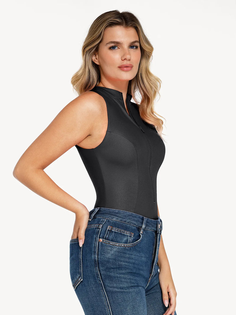 Shapewear Faux Leather Mock Neck Zip Front Sculpting Bodysuit