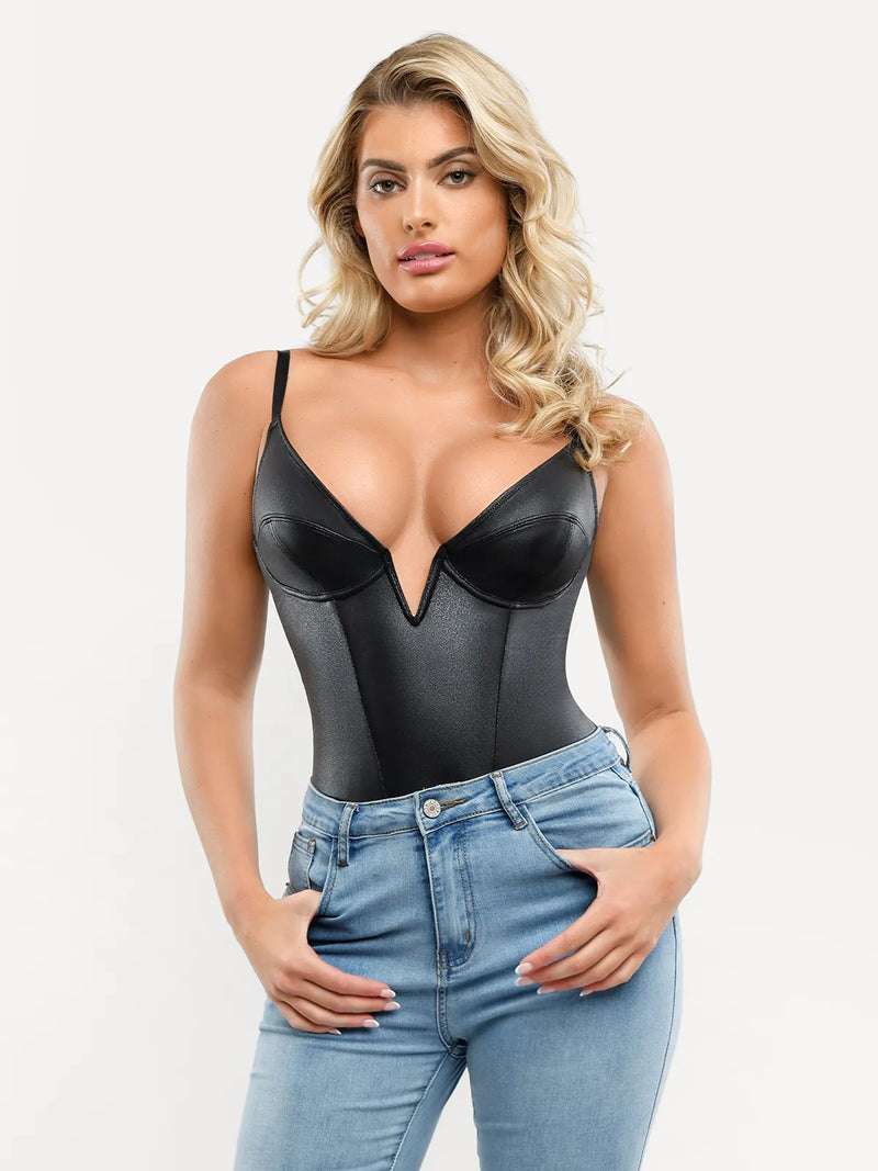 Shapewear Faux Leather Plunging V Sculpting Corset Bodysuit