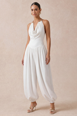 Metallic Draped Cowl Neck Ruched Backless Jumpsuit