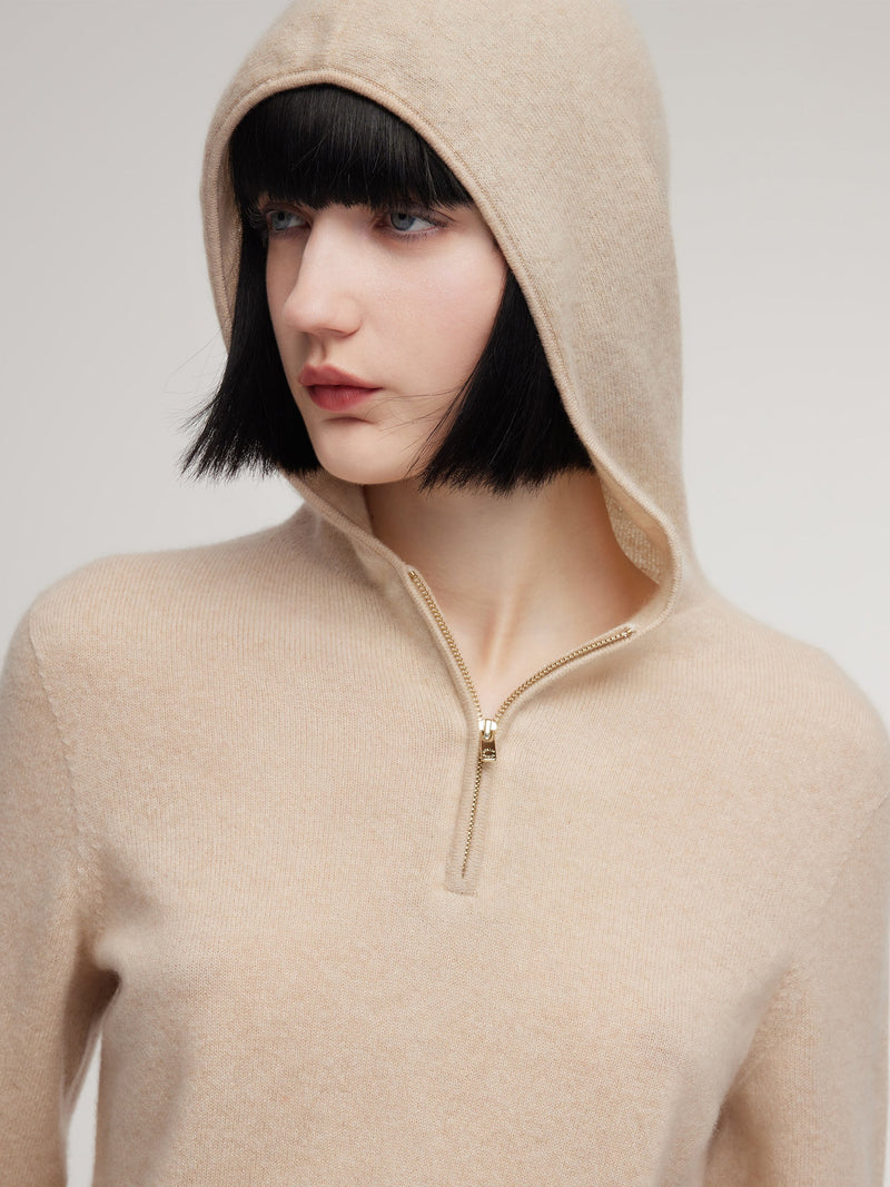 100% Cashmere Half-Zip Women Hooded Sweater