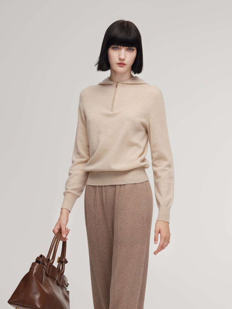 100% Cashmere Half-Zip Women Hooded Sweater