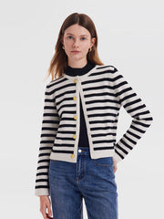 Button Up Woolen Striped Lady Cardigan