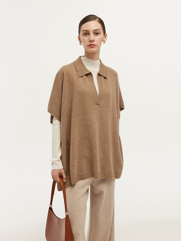 100% Cashmere Polo Collar Poncho Sweater