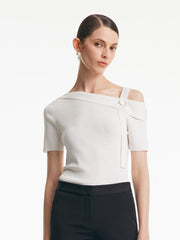 White Acetate One Shoulder Women Knit Top