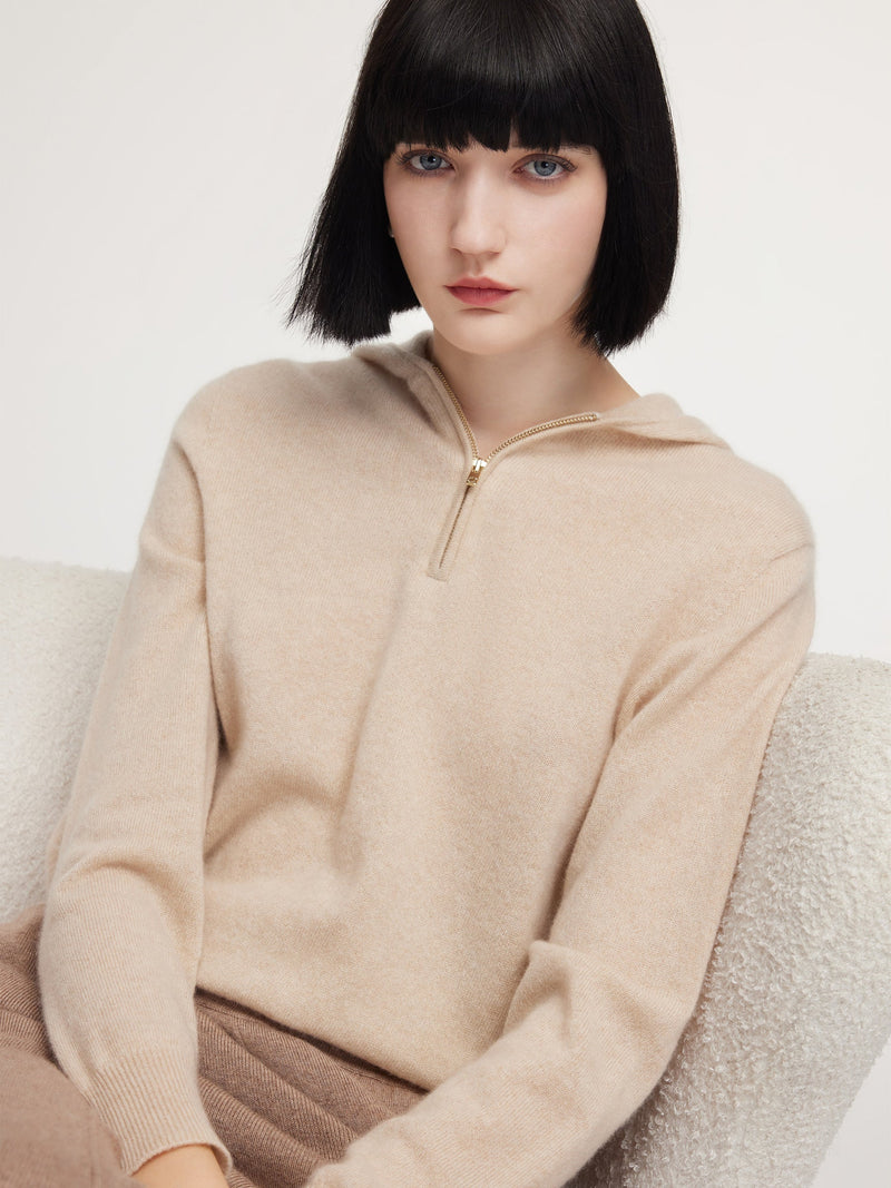100% Cashmere Half-Zip Women Hooded Sweater