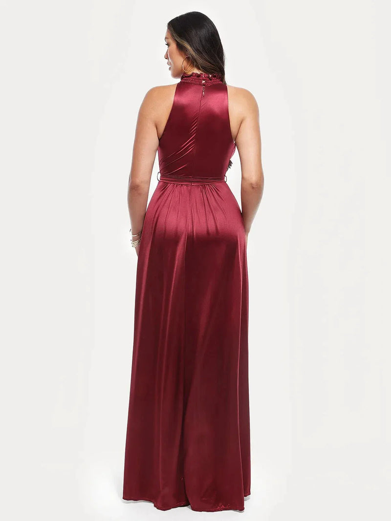 Draped High Neck Sculpting Floral-Print Maxi Dress