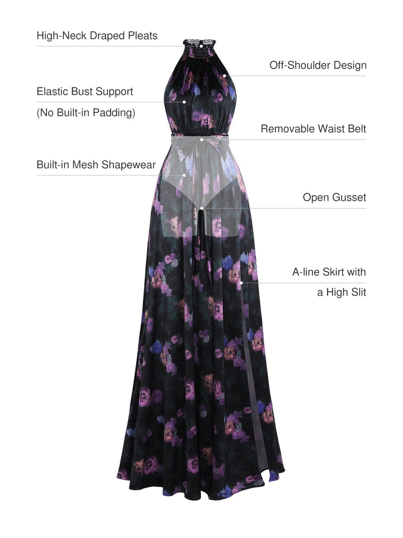Draped High Neck Sculpting Floral-Print Maxi Dress