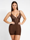 Lace Deep-V Short Bodysuit / Brown / S