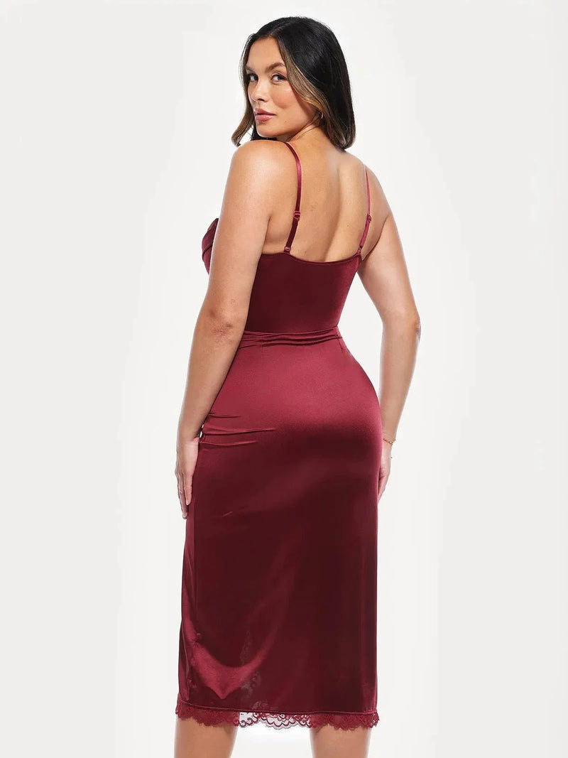 Lace Trim Sculpting Floral-Print Midi Dress