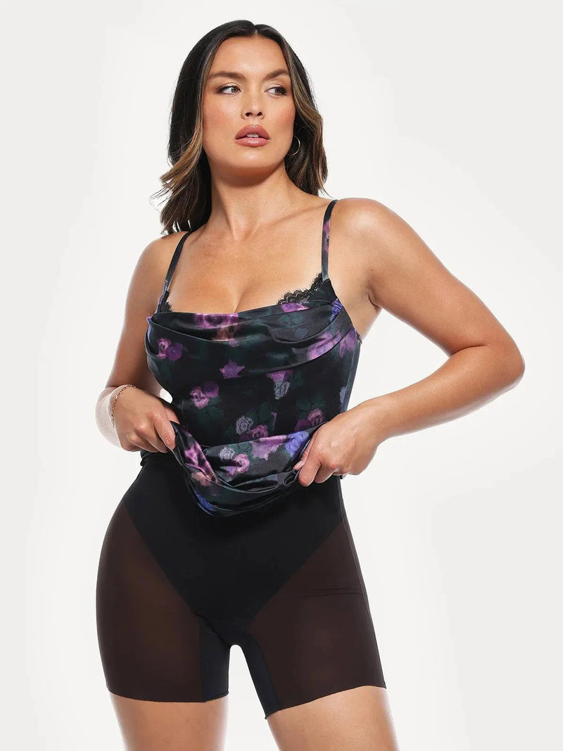 Lace Trim Sculpting Floral-Print Midi Dress