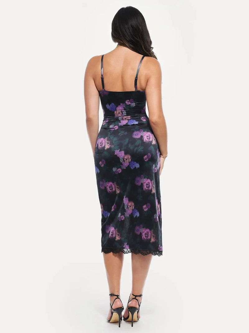 Lace Trim Sculpting Floral-Print Midi Dress