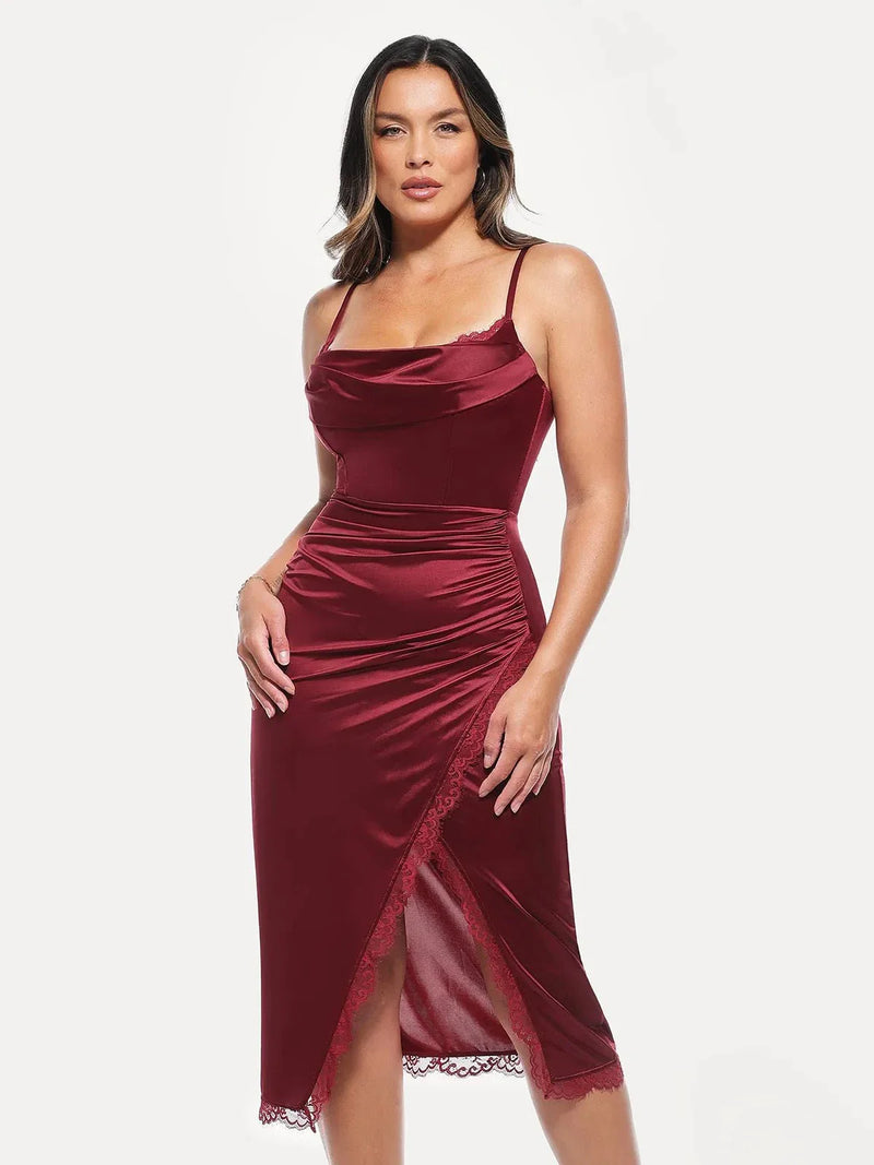 Lace Trim Sculpting Floral-Print Midi Dress