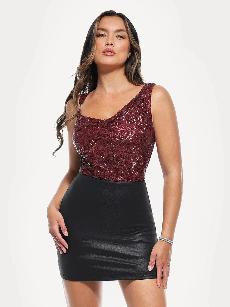 Sequin Cowl Neck Chain Detail Sculpting Bodysuit