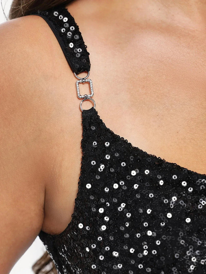 Sequin Cowl Neck Chain Detail Sculpting Bodysuit